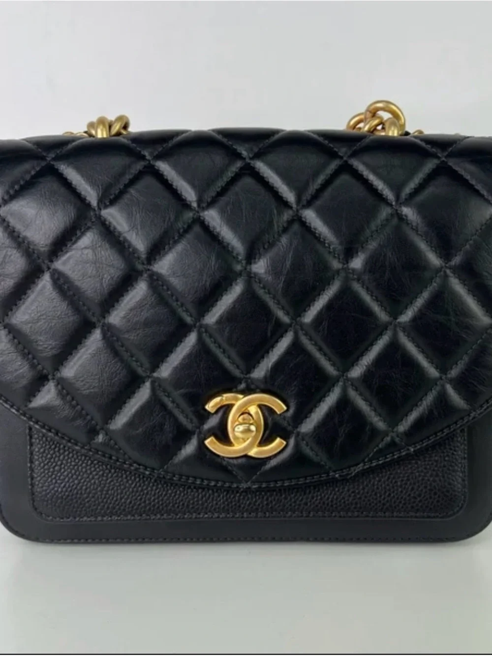Chanel Black Quilted Lambskin and Caviar Leather Shoulder Bag with Gold Chain